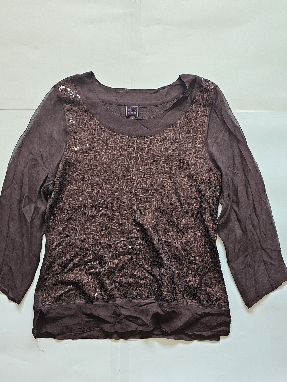 Dana Buchman Brown Sequin Scoop Neck Long Sleeve Tee